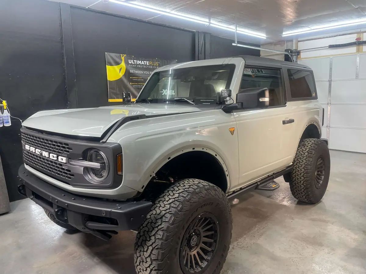 Cactus Gray Ford Bronco in the install bay